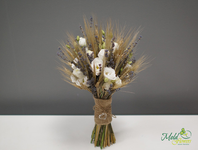 Set: Bridal Bouquet and Head Wreath with Wheat Stalks and White Lisianthus photo